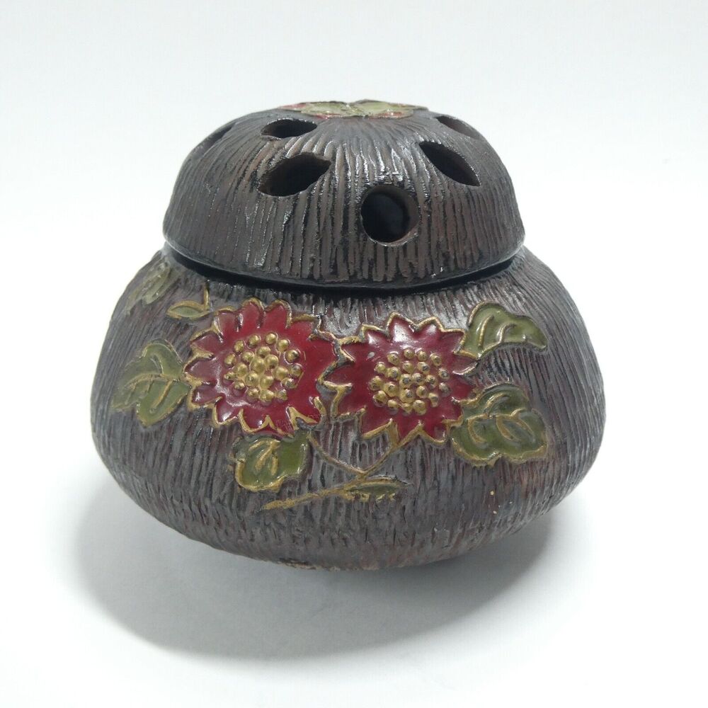 Incense Burner Black Pottery Floral Round Made in Japan Vintage